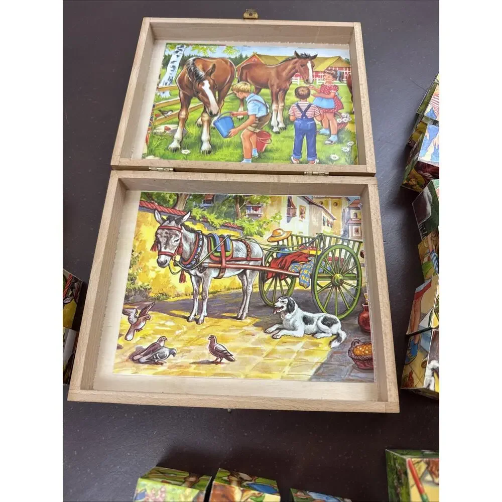 Vintage Bilderbaukasten Holzwurfel German Picture Cubes Wood Puzzle Blocks
